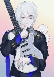 Rule 34 | 1boy, absurdres, barcode, barcode tattoo, black jacket, black nails, black sweater, closed mouth, commentary request, electric guitar, guitar, hair between eyes, hand up, head tilt, highres, holding, holding instrument, instrument, jacket, juu ame, long sleeves, looking at viewer, mafumafu, male focus, nail polish, niconico, red eyes, resolution mismatch, ribbed sweater, sleeves past wrists, smile, solo, source smaller, sweater, tattoo, upper body, utaite, white hair