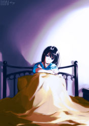 Rule 34 | 1girl, bed, black eyes, black hair, blanket, blue eyes, closed mouth, highres, indoors, long hair, mahouka koukou no rettousei, nightstand, owendss98, pillow, shiba miyuki, signature, sitting, sleeves rolled up, solo