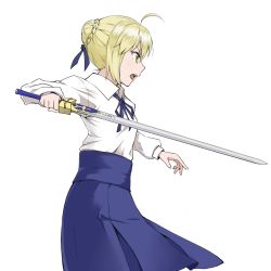 Rule 34 | &gt;:o, 1girl, :o, ahoge, artoria pendragon (fate), blonde hair, blue ribbon, blue skirt, collared shirt, cowboy shot, excalibur (fate/stay night), fate/stay night, fate (series), from side, hair ribbon, high-waist skirt, highres, holding, holding sword, holding weapon, neck ribbon, open mouth, profile, ribbon, saber (fate), shirt, short hair, skirt, solo, sword, tatsu (tanishi 24), v-shaped eyebrows, weapon, white shirt, yellow eyes