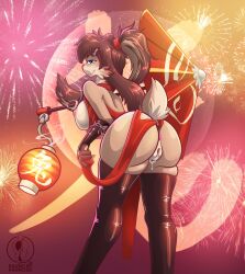 Rule 34 | 1girl, ass, blue eyes, breasts, brown hair, chinese clothes, chinese new year, furry, furry female, highres, large breasts, lop (star wars), nipples, ponytail, rabbit ears, rabbit girl, rabbit tail, raunchyhaunches, star wars, star wars: visions