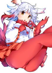 Rule 34 | 10s, 1girl, :o, ass, blunt bangs, blush, breasts, brown eyes, buttons, elbow gloves, frilled sleeves, frills, from below, fur collar, gloves, hand on own chest, head wings, highres, ishimu, japanese crested ibis (kemono friends), kemono friends, long hair, long sleeves, looking at viewer, looking down, medium breasts, multicolored hair, open mouth, orange skirt, pantyhose, pleated skirt, red gloves, red hair, red pantyhose, red ribbon, ribbon, shirt, sidelocks, simple background, skirt, solo, tail, tassel, two-tone hair, upskirt, white background, white hair, wings, yellow eyes