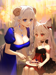 Rule 34 | 1girl, age difference, ahoge, animal ear fluff, animal ears, bead bracelet, beads, black bow, black bowtie, blue eyes, blue gemstone, blunt bangs, blurry, blurry background, bow, bowtie, bracelet, breasts, cake, cake slice, chinese commentary, cleavage, closed mouth, collarbone, commentary request, diamond (shape), dot nose, dress, earrings, expressionless, food, fork, formal, gem, highres, holding, holding fork, horns, indoors, jewelry, kurokami nekoya, large breasts, long hair, looking at viewer, merry (meumy), meumy, onee-loli, parted lips, plate, puffy short sleeves, puffy sleeves, red dress, red eyes, ring, sheep girl, sheep horns, short sleeves, sidelocks, sitting, small breasts, standing, strapless, strapless dress, teeth, twintails, umy (meumy), upper teeth only, virtual youtuber, wedding ring, white hair, wife and wife, wolf ears, wolf girl, yuri