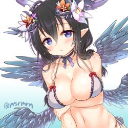 Rule 34 | 1girl, bad id, bad pixiv id, bikini, black hair, blue eyes, blush, breasts, cleavage, dutch angle, feathered wings, flower, hair flower, hair ornament, horns, large breasts, mashiro miru, navel, neck ribbon, persephone (p&amp;d), pointy ears, puzzle &amp; dragons, ribbon, solo, swimsuit, twitter username, upper body, wings