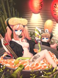 Rule 34 | 2girls, absurdres, ahoge, anpolly, bad id, bad pixiv id, bamboo, bare legs, bare shoulders, black kimono, window blinds, blunt bangs, blush, blush stickers, bowl, breasts, brown hair, chopsticks, clenched teeth, drooling, fish, flower, food, food on head, frog, hair rings, height difference, highres, in food, japanese clothes, kimono, lamp, lampion, lantern, light rays, lily of the valley, long hair, looking at viewer, medium breasts, multicolored hair, multiple girls, naked kimono, navel, no bra, no pants, nori (seaweed), object on head, off shoulder, omelet, open clothes, open kimono, orange hair, original, paper lantern, plant, rice, saliva, shrimp, shrimp tempura, sidelocks, sitting, smile, squeezing, streaked hair, tamagoyaki, tattoo, teeth, tempura, tube, twintails, two-tone hair, wasabi, white hair, wide sleeves