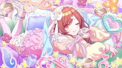 Rule 34 | 1girl, couch, game cg, hair ornament, heart, highres, holding, idolmaster, idolmaster shiny colors, lying, official art, on stomach, one eye closed, orange eyes, osaki amana, pastel colors, pillow, red hair, solo, star (symbol), thighhighs