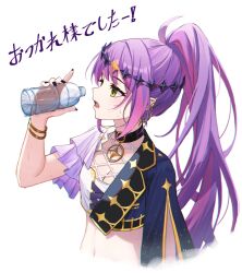 Rule 34 | 1girl, black nails, bottle, breasts, cleavage, green eyes, highres, holding, holding bottle, hololive, long hair, midriff, multicolored hair, nail polish, navel, official alternate costume, open mouth, pink hair, ponytail, purple hair, small breasts, star-ring, streaked hair, tokoyami towa, tokoyami towa (break your xxx), virtual youtuber, water bottle