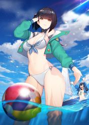 Rule 34 | 2girls, absurdres, atago (blue oath), ball, beachball, bikini, black hair, blue jacket, blue neckwear, blue oath, blue ribbon, blue sky, blunt bangs, breasts, cleavage, collar, collarbone, day, dress, gloves, green jacket, hair ribbon, happy, highres, huge filesize, jacket, large breasts, long hair, looking at viewer, medium breasts, migu (iws2525), multiple girls, navel, necktie, o-ring, o-ring bikini, ocean, off shoulder, open mouth, outdoors, red eyes, ribbon, sailor collar, short hair, sky, smile, standing, swimsuit, takao (blue oath), wading, water, white bikini, white dress, white sailor collar
