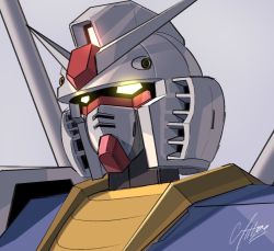 Rule 34 | close-up, commentary, glowing, glowing eyes, grey background, gundam, looking ahead, mecha, mobile suit gundam, no humans, raruru, robot, rx-78-2, signature, solo, v-fin, yellow eyes