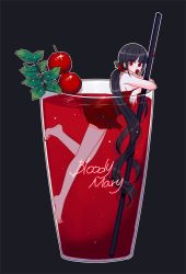 Rule 34 | 1girl, alternate costume, bad id, bad pixiv id, bare legs, bare shoulders, barefoot, black background, black hair, blunt bangs, blush, cherry, cup, danganronpa (series), danganronpa v3: killing harmony, dress, drink, drinking glass, drinking straw, eaoo20, food, food-themed hair ornament, fruit, full body, hair ornament, harukawa maki, in container, in cup, leaf, leg up, long hair, looking at viewer, looking to the side, low twintails, mini person, minigirl, mole, mole under eye, mouth hold, outline, partially submerged, red dress, red eyes, short dress, simple background, solo, sparkle, strapless, strapless dress, twintails, very long hair, white outline