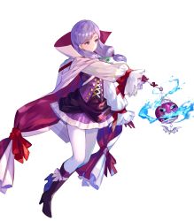 Rule 34 | 1girl, alternate costume, boots, bow, breasts, buttons, candy, cape, circlet, closed mouth, detached sleeves, dress, fire emblem, fire emblem: path of radiance, fire emblem: radiant dawn, fire emblem heroes, food, full body, fuzichoco, gloves, hair ornament, halloween costume, highres, holding, ilyana (fire emblem), jewelry, knee boots, long hair, long sleeves, looking away, medium breasts, nintendo, official art, pantyhose, purple eyes, purple footwear, purple gloves, purple hair, short dress, skirt, solo, transparent background, white pantyhose