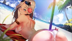 Rule 34 | 1girl, alternate costume, armpit crease, ass, ass focus, back, beach, beach towel, bikini, blue eyes, blue sky, blush, breasts, choker, closed mouth, cloud, crab, female focus, flower, flower on head, from behind, gold armband, green leaf, hand on own cheek, hand on own face, highres, large breasts, long hair, looking at viewer, looking back, lying, miracle snack shop, ocean, on stomach, outdoors, palm tree, philia salis, rainbow, red beach towel, rock, sand, shade, sideboob, sky, smile, sunglasses, sunglasses on head, sunlight, swimsuit, thighs, towel, tree, umbrella, upper body, white bikini, white hair