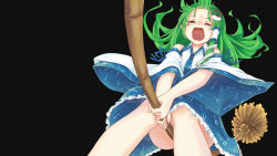 Rule 34 | 1girl, ass, bare shoulders, blue skirt, broom, broom riding, cheungchz, collared shirt, detached sleeves, closed eyes, floating, floating hair, frog hair ornament, from below, hair ornament, hair tubes, highres, holding, holding broom, kochiya sanae, nontraditional miko, outdoors, screaming, shirt, simple background, skirt, snake hair ornament, solo, tears, touhou, white shirt, wide sleeves