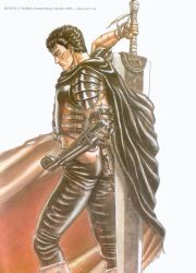 Rule 34 | 1990s (style), armor, bandages, berserk, black hair, cape, dragonslayer (sword), guts (berserk), highres, huge weapon, miura kentarou, prosthesis, sword, weapon
