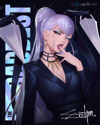 Rule 34 | 1girl, artist name, asymmetrical bangs, belt, black background, black belt, black choker, black suit, blue eyeshadow, breasts, center opening, character name, choker, cleavage, earrings, evelynn (league of legends), eyeshadow, finger to mouth, formal, gold earrings, highres, hoop earrings, inhoso, instagram logo, instagram username, jewelry, k/da (league of legends), lashers, league of legends, light purple hair, long hair, looking at viewer, makeup, medium breasts, necklace, open mouth, ponytail, purple lips, slit pupils, solo, suit, the baddest evelynn, tongue, tongue out, tooth necklace, twitter logo, twitter username, upper body, very long hair, yellow eyes