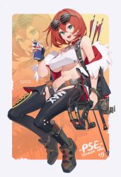 Rule 34 | 1girl, absurdres, arrow (projectile), bare shoulders, belt, bilibili xiaolu, black jacket, black pantyhose, blue eyes, bow (weapon), breasts, bright pupils, choker, cleavage, crop top, eyewear on head, hair between eyes, highres, holding, jacket, large breasts, looking at viewer, midriff, navel, off shoulder, open clothes, open jacket, open mouth, orange hair, original, panties, pantyhose, red bull, red choker, red hair, revealing clothes, shirt, shoes, short hair, sleeveless, sleeveless shirt, smile, solo, stomach, sunglasses, sweat, underboob, underwear, weapon, white panties, white shirt