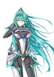 Rule 34 | 1girl, :d, adjusting hair, blush, breasts, chest jewel, cowboy shot, green eyes, green hair, grey background, highres, long hair, medium breasts, open mouth, pneuma (xenoblade), ponytail, sarasadou dan, simple background, smile, solo, spoilers, swept bangs, tiara, very long hair, white background, xenoblade chronicles (series), xenoblade chronicles 2