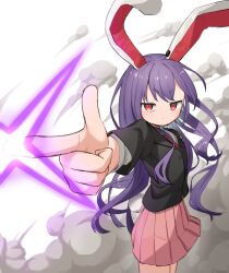 Rule 34 | 1girl, 2024 summer olympics, absurdres, animal ears, asakura haru, black jacket, blazer, closed mouth, commentary, finger gun, glowing, highres, jacket, long hair, long sleeves, necktie, olympics, pink skirt, pleated skirt, purple hair, rabbit ears, rabbit girl, rabbit tail, red eyes, red necktie, reisen udongein inaba, skirt, solo, tail, touhou, very long hair, yusuf dikec