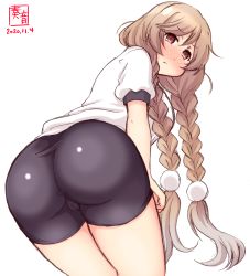 Rule 34 | 1girl, alternate costume, artist logo, ass, black shorts, blush, braid, brown eyes, cameltoe, cleft of venus, cloud hair ornament, commentary request, cowboy shot, dated, gradient hair, gym uniform, highres, kanon (kurogane knights), kantai collection, light brown hair, long hair, looking at viewer, low twin braids, minegumo (kancolle), multicolored hair, nose blush, pout, shirt, shorts, simple background, solo, twin braids, white background, white shirt