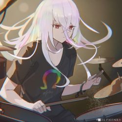 Rule 34 | 1other, androgynous, chromatic aberration, closed mouth, cymbals, dolphenry, drum, drumming, drumsticks, hololive, hololive english, instrument, long hair, multicolored hair, omega alpha, rainbow hair, red eyes, shirt, t-shirt, virtual youtuber, wristband