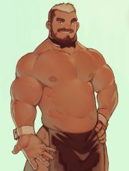 Rule 34 | 1boy, apron, bara, bare pectorals, beard, beckoning, black apron, blonde hair, bow, bowtie, brown hair, bulge, detached collar, facial hair, feet out of frame, hand on own hip, large pectorals, looking at viewer, male focus, mature male, multicolored hair, muscular, muscular male, mustache, naked apron, navel, nipples, original, pectorals, ryker, short hair, smile, solo, stomach, thick eyebrows, thighs, two-tone hair, undercut, waist apron, wrist cuffs