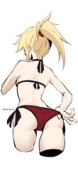 Rule 34 | 1girl, adjusting clothes, adjusting swimsuit, ass, bikini, blonde hair, character name, cropped legs, fate/grand order, fate (series), from behind, hair ornament, hair scrunchie, halterneck, highres, mordred (fate), mordred (fate) (all), mordred (fate/apocrypha), mordred (swimsuit rider) (fate), mordred (swimsuit rider) (first ascension) (fate), ponytail, red bikini, red scrunchie, scrunchie, side-tie bikini bottom, simple background, solo, string bikini, swimsuit, takatun223, thighs, white background