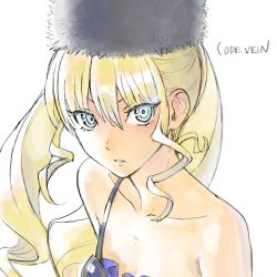 Rule 34 | absurdres, blonde hair, camisole, code vein, collarbone, colorized, drill hair, fur hat, green eyes, hair between eyes, hat, highres, kurumi kobayashi, looking to the side, mia karnstein, neck, papakha, solo, spaghetti strap, twintails