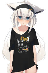 Rule 34 | 1girl, ahoge, animal ear fluff, animal ears, aqua eyes, black hairband, black shirt, blush, burger, cat day, collarbone, commentary request, earrings, ears down, extra ears, food, fox ears, fox girl, fox tail, gloom (expression), hair between eyes, hairband, highres, hip vent, hololive, jewelry, long hair, looking at viewer, low twintails, nejima kitsune (shirakami fubuki), no pants, official alternate costume, parted lips, shaded face, shirai yu, shirakami fubuki, shirakami fubuki (7th costume), shirt, side-tie shirt, sidelocks, simple background, single earring, solo, t-shirt, tail, thighs, twintails, very long hair, virtual youtuber, white background, white hair