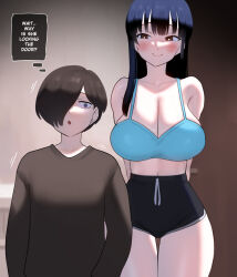 1boy 1girl :o arms_behind_back bare_arms bare_legs bare_shoulders black_hair blue_bra blue_eyes blurry blurry_background blush boku_no_kokoro_no_yabai_yatsu bra breasts brown_eyes brown_hair cleavage closed_mouth collarbone dolphin_shorts english_text half-closed_eyes highres ichikawa_kyoutarou indoors large_breasts looking_at_another narrow_waist navel open_mouth punpunn shorts smile speech_bubble surprised sweatdrop thick_thighs thighs underwear wide_hips yamada_anna