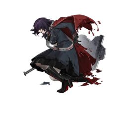 Rule 34 | 1girl, artist request, asymmetrical legwear, black dress, black footwear, black gloves, black pantyhose, blood, blood on face, boots, breasts, broken shield, cape, clenched teeth, combination gun, cross-laced footwear, dress, from side, full body, girls&#039; frontline, gloves, gun, hair over eyes, high heel boots, high heels, holding, holding gun, holding weapon, lace-up boots, large breasts, long sleeves, m6 aircrew survival weapon, m6 asw (girls&#039; frontline), medium hair, mismatched legwear, multiple-barrel firearm, official art, on one knee, pantyhose, purple hair, red cape, rifle, scar, scar on arm, scar on leg, shield, shoe soles, shotgun, simple background, solo, survival rifle, teeth, torn cape, torn clothes, torn dress, transparent background, uniform, weapon, white pantyhose