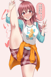 Rule 34 | 1girl, ahoge, aqua shirt, blush, clothes around waist, commentary request, cowboy shot, grey background, heart, highres, idolmaster, idolmaster shiny colors, kneepits, komiya kaho, leg hold, leg up, long hair, looking at viewer, naba (take tonbo), open mouth, partial commentary, plaid, plaid shorts, print shirt, raglan sleeves, red eyes, red hair, red shorts, shirt, short shorts, shorts, simple background, smile, solo, split, standing, standing on one leg, standing split, translated, v