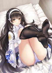 Rule 34 | 1girl, artist name, ass, black hair, black pantyhose, blunt bangs, closed mouth, clothes pull, coat, commentary request, crossed legs, dress, feet, flower, girls&#039; frontline, gloves, hair flower, hair ornament, hairband, haneru, head on pillow, highres, indoors, legs up, long hair, looking at viewer, lying, on back, on bed, panties, pantyhose, pantyhose pull, pillow, pulling own clothes, smile, soles, solo, type 95 (girls&#039; frontline), underwear, very long hair, white coat, white dress, white gloves, white hairband, white panties, wooden floor, yellow eyes