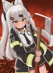Rule 34 | 1girl, absurdres, animal ear fluff, animal ears, axe, bell, black collar, black jacket, black necktie, black skirt, blush, breasts, brown eyes, closed mouth, collar, collared shirt, commentary request, embers, fire axe, glint, grey hair, hair between eyes, hair ornament, hairclip, highres, holding, holding axe, jacket, jingle bell, long hair, long sleeves, neck bell, necktie, open clothes, open jacket, original, pocari (sq551), shirt, skirt, sleeves past wrists, small breasts, solo, two-handed, two side up, very long hair, white shirt