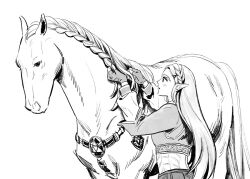 Rule 34 | 1girl, animal, blush, braid, braiding hair, cropped jacket, crown braid, fingerless gloves, gkfdlfdjqtdma, gloves, greyscale, hairdressing, hands up, horse, korean commentary, layered sleeves, looking at animal, monochrome, nintendo, pointy ears, princess zelda, profile, shirt, sidelocks, simple background, the legend of zelda, the legend of zelda: breath of the wild, upper body