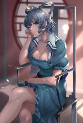 Rule 34 | 1girl, amano hagoromo, belt, black belt, blue dress, blue eyes, blue hair, blurry, breasts, chair, cleavage, collarbone, commentary request, crossed legs, depth of field, dress, drill hair, drill sidelocks, eyebrows hidden by hair, feet out of frame, hair ornament, hair rings, hair stick, hand up, head rest, head tilt, indoors, kaku seiga, lens flare, looking at viewer, medium breasts, puffy short sleeves, puffy sleeves, round window, short hair, short sleeves, sidelocks, sitting, solo, textless version, touhou, vest, white vest, window, wing collar, wooden floor