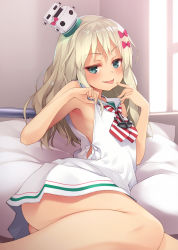 Rule 34 | 1girl, anchor, ass, bare legs, blonde hair, blue eyes, blush, bow, clothes pull, commentary, dress, dress pull, finger to mouth, flat chest, grecale (kancolle), hair between eyes, hair bow, hair ornament, hair ribbon, hat, highres, indoors, kantai collection, long hair, looking at viewer, lying, mofu namako, ribbon, sailor collar, sailor dress, side-tie dress, sleeveless, sleeveless dress, smile, solo, striped, tongue, tongue out, white dress, white sailor collar