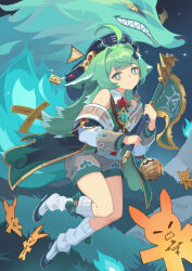 Rule 34 | ahoge, bare shoulders, black footwear, black headwear, blue fire, chinese clothes, collared shirt, colored tips, crossed bandaids, detached sleeves, fiery tail, fire, flag, fox, full body, green eyes, green hair, green shirt, hair ears, hair intakes, highres, holding, holding flag, honkai: star rail, honkai (series), huohuo (honkai: star rail), kneehighs, long hair, long sleeves, loose socks, multicolored hair, neck ribbon, paper doll, paw-shaped pupils, red ribbon, ribbon, shirt, short shorts, shorts, sima naoteng, socks, symbol-shaped pupils, tail, tail (honkai: star rail), tearing up, wavy mouth, yin yang hair ornament