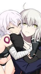 Rule 34 | 2girls, arm strap, bandaged arm, bandages, belt, black dress, blue coat, blush, chin rest, closed eyes, coat, commentary request, cowboy shot, dress, facial scar, fate/apocrypha, fate/grand order, fate (series), fur trim, green eyes, hair between eyes, hands on another&#039;s arms, head on head, head rest, highres, hug, hug from behind, jack the ripper (fate/apocrypha), jeanne d&#039;arc (fate), jeanne d&#039;arc (ruler) (fate), jeanne d&#039;arc alter (fate), jeanne d&#039;arc alter (ver. shinjuku 1999) (fate), long sleeves, looking at another, looking away, multiple girls, official alternate costume, pale skin, panties, scar, scar across eye, scar on cheek, scar on face, short hair, silver hair, simple background, sleeveless, sleeveless turtleneck, smile, susukune, thigh gap, tsurime, turtleneck, underwear, white background, yellow eyes