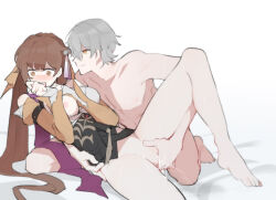Rule 34 | 1boy, 1girl, @ @, blush, bottomless, breasts, brown hair, caelus (honkai: star rail), cleft of venus, clothed female nude male, detached sleeves, female ejaculation, fingering, grey hair, hair ornament, hand to own mouth, hetero, highres, honkai: star rail, honkai (series), long hair, medium breasts, nipples, nude, one breast out, open mouth, pussy, sanzashizu, short hair, sleeves past wrists, smile, sushang (honkai: star rail), tassel, tassel hair ornament, trailblazer (honkai: star rail), twintails, very long hair, yellow eyes