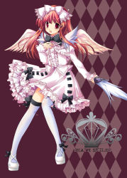 Rule 34 | 1girl, argyle, argyle background, argyle clothes, bad id, bad pixiv id, bow, bowtie, cave (developer), deathsmiles, dress, frills, hair bow, hinata momo, legs, lolita fashion, red eyes, red hair, solo, sweet lolita, thighhighs, weapon, white thighhighs, windia (deathsmiles), wings