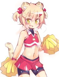 Rule 34 | 1girl, :d, animal ears, bike shorts, bike shorts under skirt, blonde hair, bow, breath, cheerleader, fang, flat chest, looking at viewer, midriff, open mouth, original, pom pom (cheerleading), short hair, shorts, shorts under skirt, skirt, smile, solo, tail, tiger ears, tiger tail, tomcat (moconeko), toramimi-senpai, twintails, white background, yellow eyes