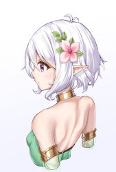 Rule 34 | 1girl, antenna hair, back, back focus, bad id, bad pixiv id, bare shoulders, choker, commentary request, flower, from behind, gradient background, hair flower, hair ornament, highres, kokkoro (princess connect!), menyou rouru, pink eyes, pointy ears, princess connect!, purple background, short hair, simple background, solo, white background, white hair