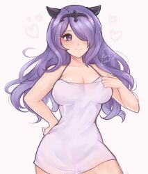 Rule 34 | 1girl, alternate costume, artist name, breasts, camilla (fire emblem), commentary, english commentary, fake horns, fire emblem, fire emblem fates, hair over one eye, hand on own hip, heart, highres, horns, large breasts, long hair, loungewear, nintendo, purple eyes, purple hair, purrlucii, simple background, smile, solo, tiara, wavy hair, white background