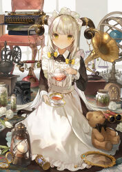 Rule 34 | 1girl, :o, absurdres, antique phone, apron, armillary sphere, balance scale, binoculars, black dress, black footwear, black horns, book, book stack, bow, camera, chair, chessboard, coffee grinder, corded phone, cup, curled horns, dress, flask, flower, green eyes, hair bow, highres, holding, holding teapot, horn ornament, horns, hourglass, indoors, jewelry, lantern, long hair, long sleeves, looking at viewer, maid, maid apron, maid headdress, mary janes, mirror, necklace, original, pearl necklace, phone, phonograph, plant, pocket watch, radio, rose, rotary phone, rug, saucer, shoes, sitting, solo, stuffed animal, stuffed toy, teacup, teapot, teddy bear, tetta (tettaakira), typewriter, very long hair, watch, weighing scale, white apron, white flower, white hair, white rose, window, yellow bow, yokozuwari