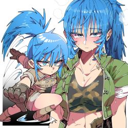 Rule 34 | 1girl, blue eyes, blue hair, breasts, brown gloves, camouflage, camouflage shirt, chibi, fighting stance, gloves, green jacket, green shorts, jacket, kafun, leona heidern, midriff, multiple views, navel, open clothes, open jacket, ponytail, shirt, shorts, sleeves rolled up, snk, steam, sweat, sweatdrop, the king of fighters