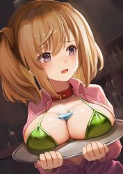 Rule 34 | 1girl, alice gear aegis, alternate breast size, bar (place), blush, bottle, bra, breasts, brown hair, cocktail, cocktail glass, collar, commentary request, cup, drink, drinking glass, fang, green bra, highres, kimikage yui, large breasts, looking away, open mouth, pink shirt, purple eyes, shirt, solo, sunga2usagi, tray, twintails, underwear, wine bottle