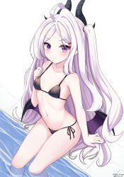 Rule 34 | 1girl, ahoge, alternate costume, bikini, black bikini, blue archive, blush, breasts, chinese commentary, closed mouth, collarbone, colored inner hair, commentary request, demon girl, demon horns, demon wings, feet out of frame, hand up, highres, hina (blue archive), horns, long hair, looking at viewer, mixed-language commentary, multicolored hair, nail polish, neko huan, one side up, parted bangs, partial commentary, petite, poolside, purple eyes, purple hair, purple nails, side-tie bikini bottom, sitting, small breasts, soaking feet, swimsuit, very long hair, white hair, wings