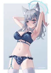 Rule 34 | 1girl, animal ear fluff, animal ears, armpits, arms behind head, arms up, bare arms, bare shoulders, blue archive, blue bra, blue panties, bra, breasts, chariot.f, cleavage, cowboy shot, frilled panties, frills, garter straps, gluteal fold, grey hair, halo, highres, lace, lace-trimmed bra, lace trim, lingerie, long hair, looking at viewer, medium breasts, mismatched pupils, navel, panties, parted lips, shiroko (blue archive), single garter strap, solo, standing, stomach, thighhighs, thighs, underwear, underwear only, white thighhighs, wolf ears