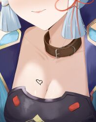 Rule 34 | 1girl, absurdres, armor, ayaka (genshin impact), blue hair, breast focus, breasts, cleavage, close-up, collar, collarbone, eroborne, genshin impact, hair ornament, head out of frame, heart, highres, japanese armor, light smile, lips, medium breasts, red ribbon, ribbon, simple background, solo, upper body, white background