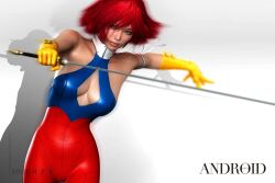 Rule 34 | 1girl, bodysuit, breasts, cutie honey, cutie honey (character), gloves, large breasts, red hair, short hair, sword, weapon, yellow gloves