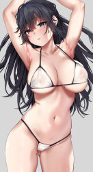 Rule 34 | 1girl, armpits, arms up, bikini, black hair, blue eyes, breasts, collarbone, gluteal fold, grey background, hair between eyes, highres, jack dempa, large breasts, long hair, looking at viewer, mole, mole on breast, mole on thigh, mole under eye, navel, original, parted lips, simple background, solo, sweat, swimsuit, white bikini